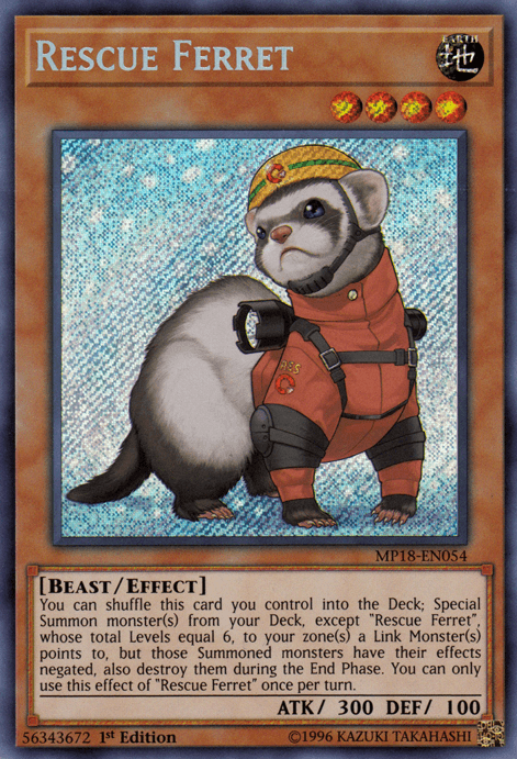 A "Yu-Gi-Oh!" trading card featuring the Secret Rare "Rescue Ferret [MP18-EN054]," a Beast/Effect Monster. The illustration shows a ferret wearing a red rescue outfit with a helmet. The card has 300 ATK and 100 DEF. Card details: MP18-EN054, 1st Edition. Text describes summoning and effects.