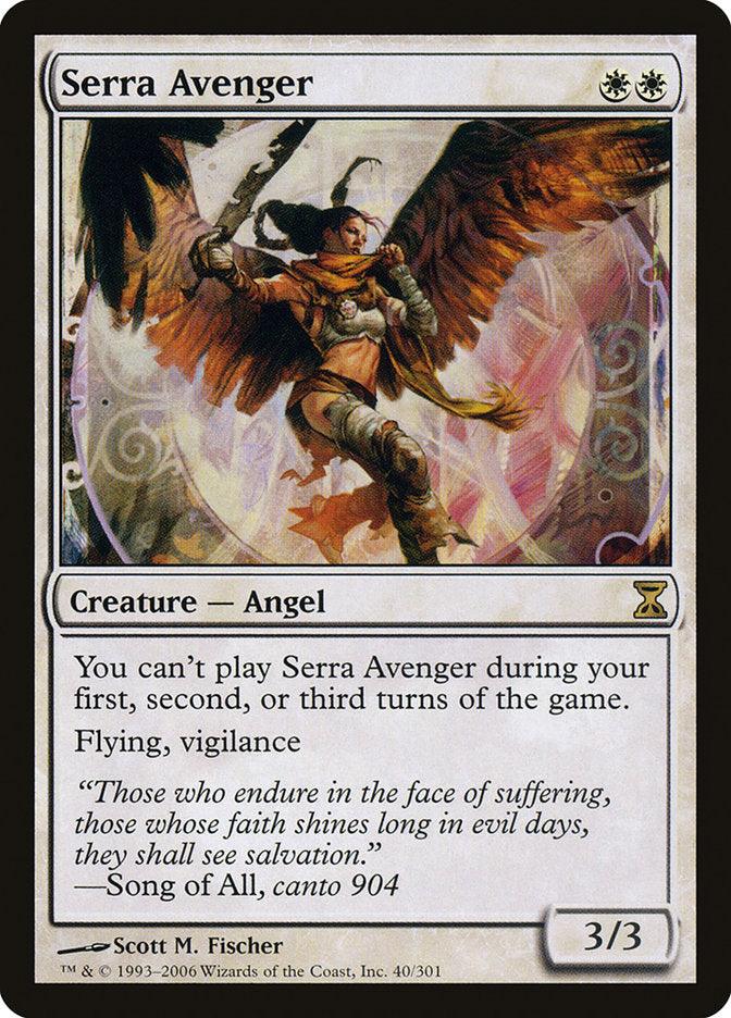 Magic: The Gathering's Serra Avenger from the Time Spiral set features an armored angel with wings and a weapon. It has flying and vigilance abilities, is playable after the third turn, and is illustrated by Scott M. Fischer (card 40/301).