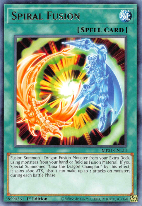 The image is of a Yu-Gi-Oh! trading card named "Spiral Fusion [MP21-EN133] Rare," a Spell Card from the 2021 Tin of Ancient Battles. It depicts two figures, one red and dragon-like, the other blue and knight-like, spiraling towards each other in a vortex of merging colors. The card text describes its effect for Fusion Summoning a Dragon Fusion Monster like Gaia the Dragon.