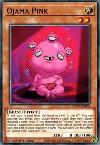 A Yu-Gi-Oh! trading card titled "Ojama Pink [BLVO-EN036] Common," featured in the Blazing Vortex set. This Effect Monster showcases a pink, alien-like creature with four eyes and a wide smile, holding a red heart-shaped object against a purple background with a pink aura. The card has 0 ATK and 1000 DEF points.