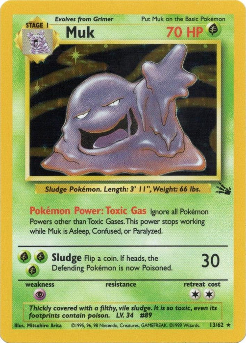 A Holo Rare Pokémon trading card *Muk (13/62) [Fossil Unlimited]*. Muk is shown as a purple sludge-like creature with a gaping mouth and small eyes. The card has 70 HP, evolving from Grimer. It includes the abilities "Toxic Gas" and attack "Sludge." The green border indicates it's a Grass-type card from the Fossil Unlimited set by *Pokémon*.