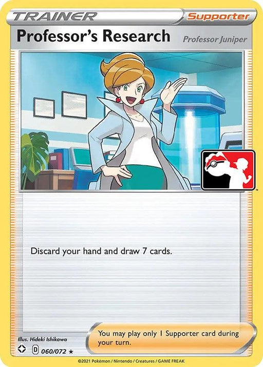 Professor's Research (Professor Juniper) (060/072) [Prize Pack Series One]," a rare Supporter card from Pokémon, features Professor Juniper. Depicted with short brown hair and a confident stance in a lab, she's wearing a white lab coat over a blue dress. The card reads: "Discard your hand and draw 7 cards.