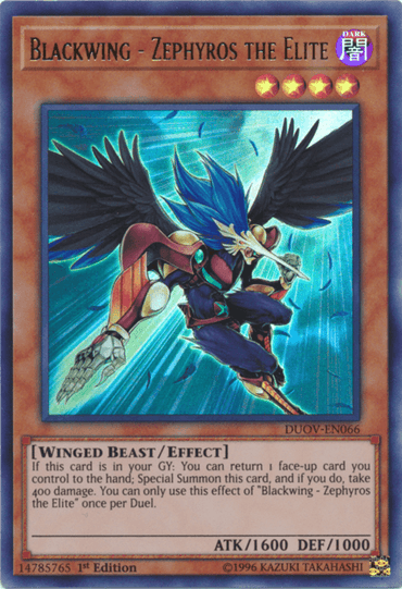 A "Yu-Gi-Oh!" trading card featuring the Blackwing - Zephyros the Elite [DUOV-EN066] Ultra Rare. This Effect Monster depicts a winged male creature with blue hair and black feathery wings, poised in an action stance against a glowing blue background. The card details include its effect, attack, and defense points.