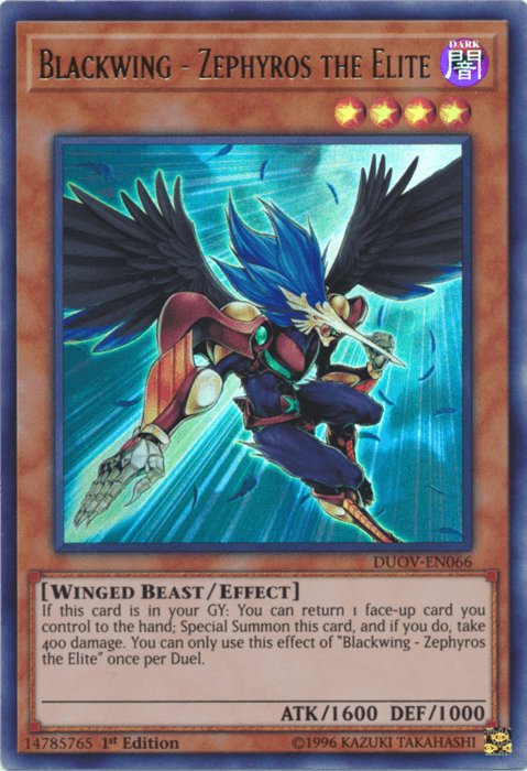 A "Yu-Gi-Oh!" trading card featuring the Blackwing - Zephyros the Elite [DUOV-EN066] Ultra Rare. This Effect Monster depicts a winged male creature with blue hair and black feathery wings, poised in an action stance against a glowing blue background. The card details include its effect, attack, and defense points.