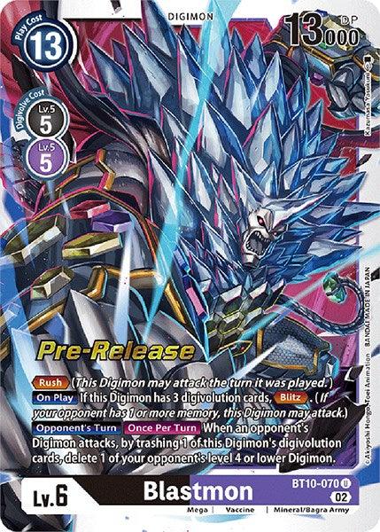 An image of the Digimon trading card "Blastmon [BT10-070] [Xros Encounter Pre-Release Cards]" features a blue and red armored Digimon with large crystal spikes. This Xros Encounter Pre-Release card, part of the Digimon series, has a play cost of 13, Digivolve costs of 5 and 4, 13,000 DP, and includes effects like "Rush" and "On Opponent's Turn.