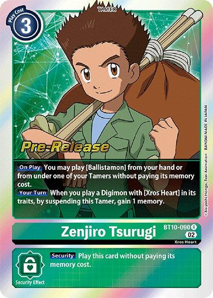 The Digimon card Zenjiro Tsurugi [BT10-090] from the Xros Encounter Pre-Release series features Zenjiro, a young male character with brown hair, holding a weapon over his shoulder. The card lists various abilities, including playing specific Digimons without cost and has a Security Effect.