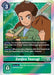 The Digimon card Zenjiro Tsurugi [BT10-090] from the Xros Encounter Pre-Release series features Zenjiro, a young male character with brown hair, holding a weapon over his shoulder. The card lists various abilities, including playing specific Digimons without cost and has a Security Effect.