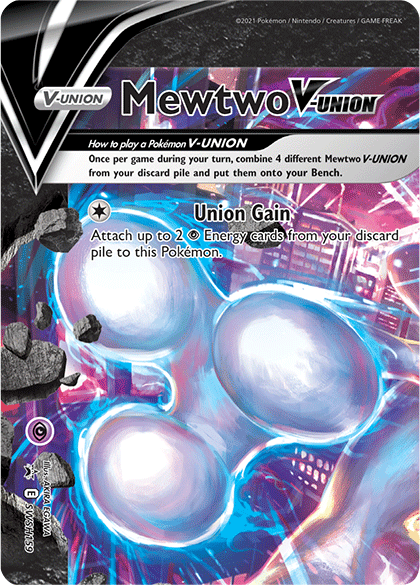 The image displays a Pokémon card titled "Mewtwo V-Union (SWSH159) [Sword & Shield: Black Star Promos]" from Pokémon. The card's V-Union ability is explained: "Once per game during your turn, combine 4 different Mewtwo V-Union from your discard pile and put them onto your Bench." It features an illustration of Mewtwo surrounded by swirling psychic energy.