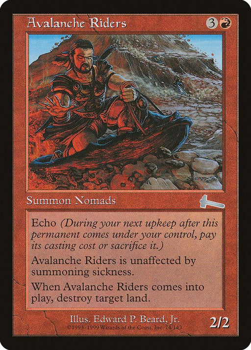 Avalanche Riders [Urza's Legacy], a card from Magic: The Gathering, features a fierce warrior in red armor wielding a sword while riding amidst a rocky avalanche. This Creature — Human Nomad has a casting cost of 3 and one red mana, with abilities including Echo and destroying target land when it enters play.