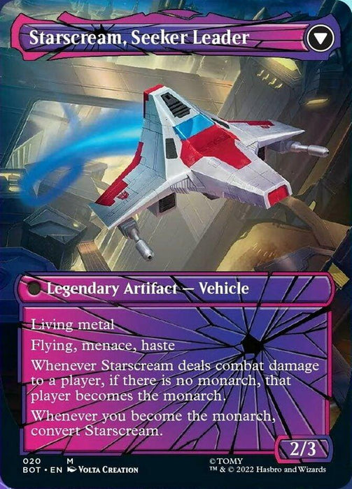 A card from a card game depicts a futuristic aircraft called "Starscream, Power Hungry // Starscream, Seeker Leader (Shattered Glass) [Transformers]." The Legendary Artifact Creature is white with red and purple accents, flying among clouds. The card's border is purple with text detailing its abilities. This Transformers icon has a power/toughness rating of 2/3.