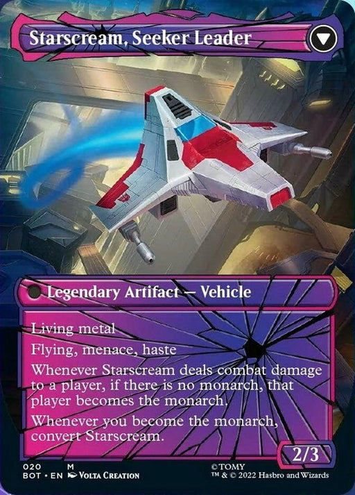 A card from a card game depicts a futuristic aircraft called "Starscream, Power Hungry // Starscream, Seeker Leader (Shattered Glass) [Transformers]." The Legendary Artifact Creature is white with red and purple accents, flying among clouds. The card's border is purple with text detailing its abilities. This Transformers icon has a power/toughness rating of 2/3.