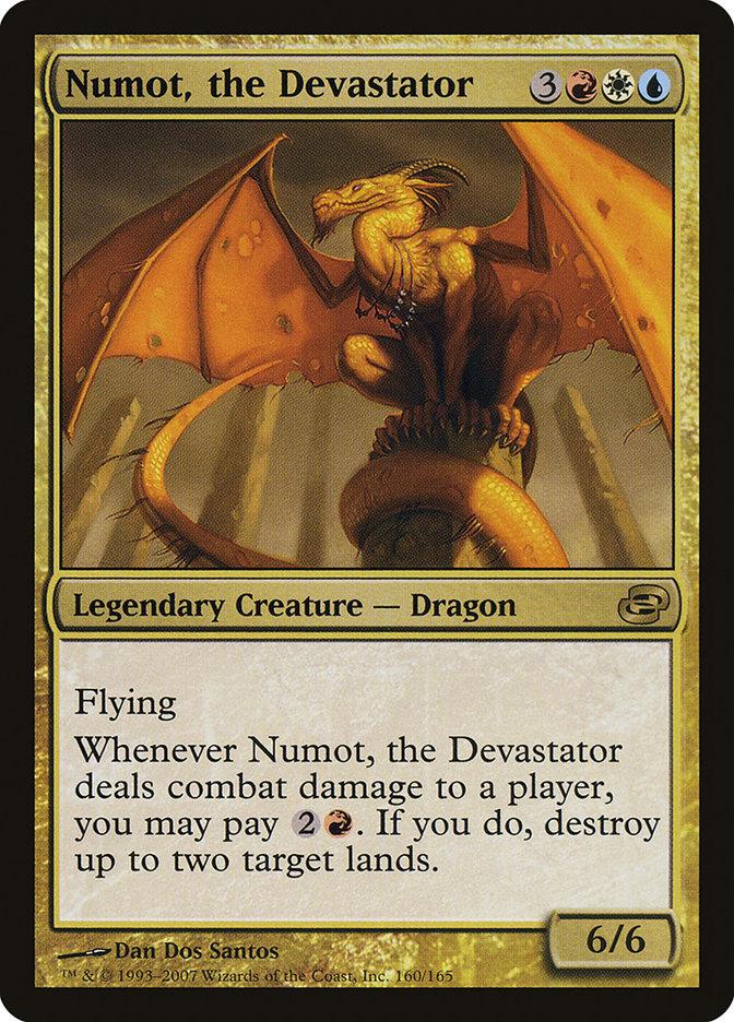 A Magic: The Gathering card from Planar Chaos featuring "Numot, the Devastator [Planar Chaos]," a Legendary Creature Dragon. The card shows a golden dragon perched on rocky terrain. Numot has flying and the ability to destroy lands when combat damage is dealt to a player, costing 2 mana, with power and toughness of 6/6.