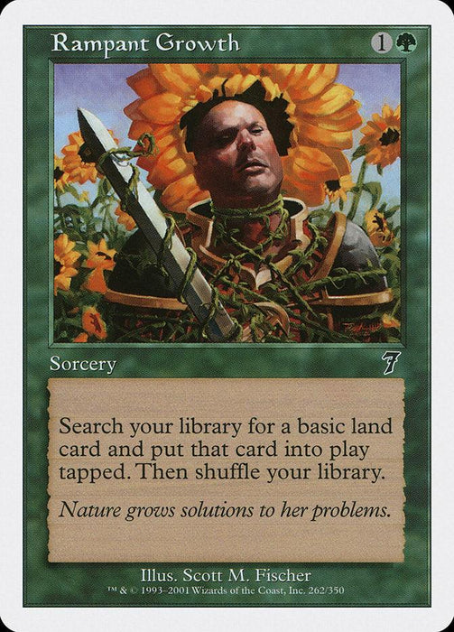 A Magic: The Gathering card from the Seventh Edition titled "Rampant Growth [Seventh Edition]." It depicts a man covered in vines, emerging from a sunflower, holding a staff. The card text reads: "Search your library for a basic land card and put that card into play tapped. Then shuffle your library.