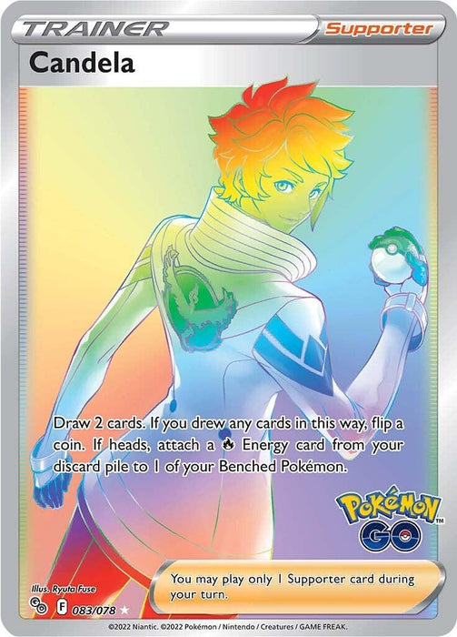 A Pokémon trading card featuring a character named Candela, categorized as a Secret Rare, Trainer, Supporter card. Candela is wearing a white and red jacket with a Team Valor emblem on the shoulder. The text describes the card's function in gameplay, with the Pokémon GO logo visible on the bottom right corner. Product Name: Candela (083/078) [Pokémon GO] Brand Name: Pokémon