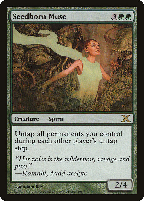 Magic: The Gathering card titled "Seedborn Muse [Tenth Edition]." It’s a rare creature card with a casting cost of 3 generic and 2 green mana, power/toughness of 2/4. The art depicts a glowing spirit woman surrounded by plants. The card's rule text allows untapping all permanents during each other player’s untap step.