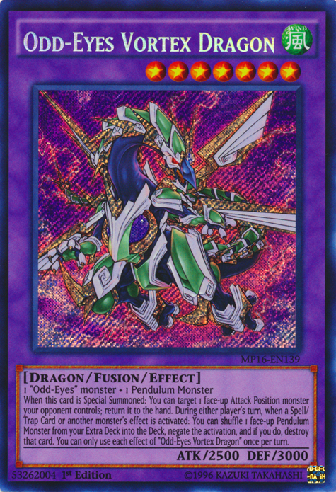 An intricately designed Yu-Gi-Oh! card named "Odd-Eyes Vortex Dragon [MP16-EN139]," a Secret Rare Fusion/Effect Monster, depicts the dragon adorned in green, white, and blue armor against a swirling vortex backdrop. The card text outlines its summoning procedures and effects, with ATK 2500 and DEF 3000 prominently displayed at the bottom.