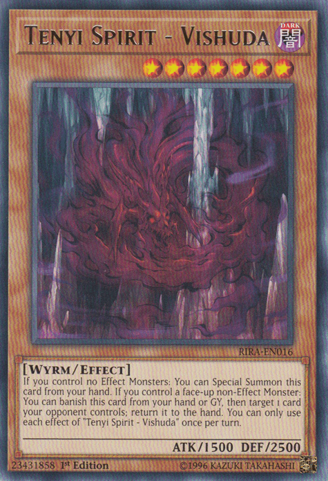 Sure! Here's the sentence rewritten using the given product data:
"Yu-Gi-Oh! trading card 'Tenyi Spirit - Vishuda [RIRA-EN016] Rare' from the Rising Rampage set. The card features a swirling, ghostly purple and black vortex with a dragon-like figure emerging. This Wyrm/Effect Monster has 1500 ATK and 2500 DEF, with text detailing summoning conditions and opponent control effects.