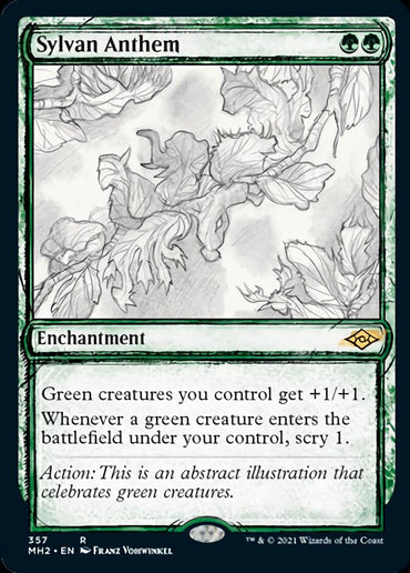 A Magic: The Gathering card titled **"Sylvan Anthem (Sketch) [Modern Horizons 2]"** from Magic: The Gathering with a green and white border. The illustration depicts ethereal green foliage with leaves and vines. This enchantment's text reads: "Green creatures you control get +1/+1. Whenever a green creature enters the battlefield under your control, scry 1.