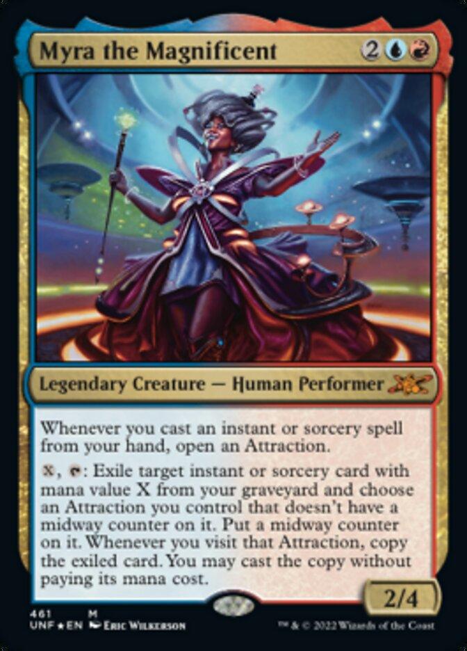 A Magic: The Gathering product titled "Myra the Magnificent (Galaxy Foil) [Unfinity]," a Mythic Legendary Creature from the Unfinity set. It depicts a magical human performer in blue and red, elaborately dressed and casting spells against a vibrant, swirling background. Costs 2 colorless, 1 blue, 1 red mana; power/toughness: 2/4. Artwork by Eric Wilkerson