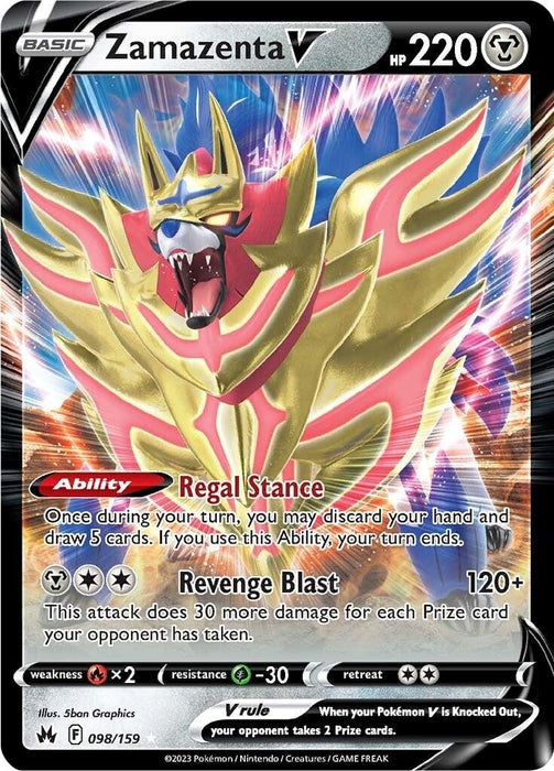 Image of Zamazenta V (098/159) [Sword & Shield: Crown Zenith] Pokémon trading card from the Sword & Shield series. It has 220 HP and features a colorful illustration of Zamazenta, a wolf-like creature with a red and gold shield mane. The card details its abilities: "Regal Stance" and "Revenge Blast" (120+ damage). It is Ultra Rare card 098/159.