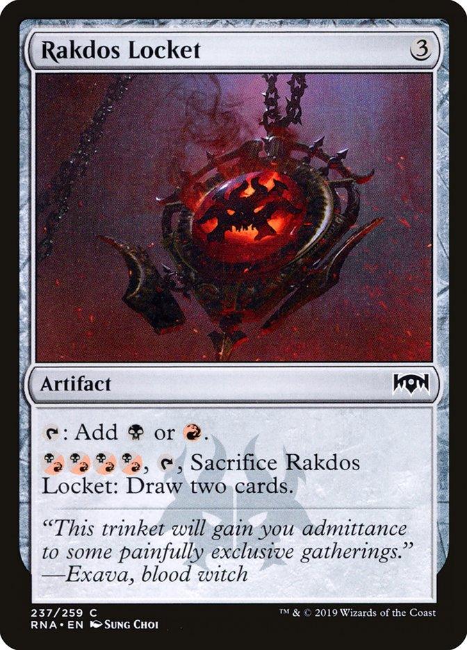 The Rakdos Locket [Ravnica Allegiance] from Magic: The Gathering is an artifact card that portrays a fiery, demon-like locket with a sinister red glow and spiked edges. This locket generates colored mana and allows you to draw cards, featuring flavor text attributed to the character Exava.