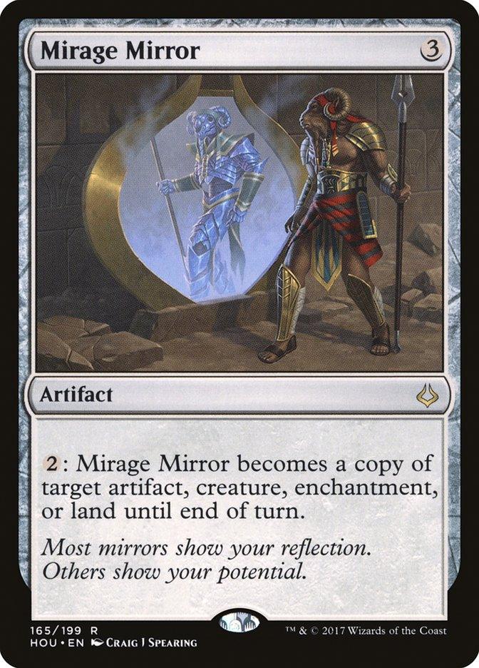 Here is the revised sentence using the given product data:

A Magic: The Gathering card named Mirage Mirror from the Hour of Devastation set. It features artwork showing an artifact with a round mirror reflecting a warrior in blue armor, while the actual warrior, donned in red and gold armor and holding a spear, stands before it. The card text details its abilities.