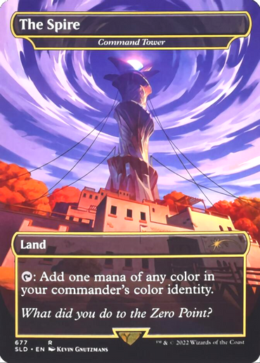 The Magic: The Gathering card "Command Tower - The Spire" from the Secret Lair Drop Promos, showcases a towering spiral against a swirling sky of vibrant clouds. Autumn trees and buildings decorate the foreground. Its text describes its function: adding mana of any commander's color identity, accompanied by a cryptic question.