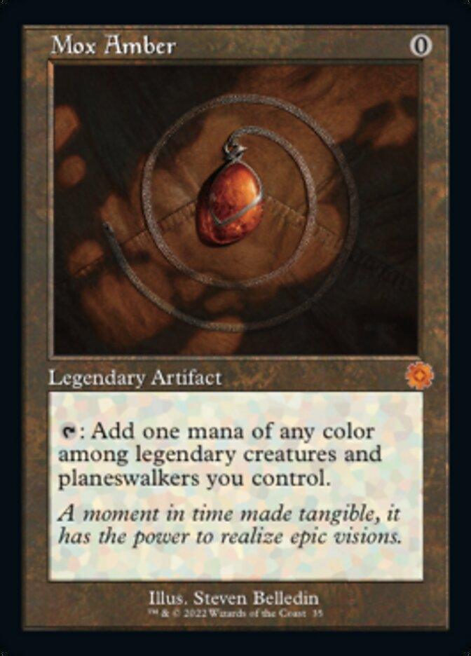 A "Mox Amber (Retro) [The Brothers' War Retro Artifacts]" Magic: The Gathering card, a Legendary Artifact of Mythic Rarity. It features an amber stone with an ornate loop around it. The text reads: "0, tap: Add one mana of any color among legendary creatures and planeswalkers you control." Flavor text: "A moment in time made tangible, it has the power to realize epic visions.