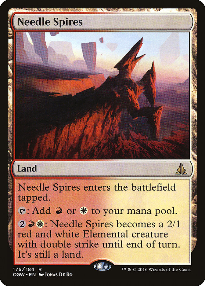 A card from Magic: The Gathering, named "Needle Spires" [Oath of the Gatewatch], depicts a jagged terrain under a sunset. This land card enters the battlefield tapped and can provide either red or white mana. By paying 2RW, it becomes a 2/1 Elemental creature with double strike until the end of turn.