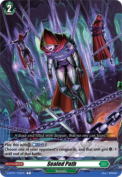 A trading card titled "Sealed Path (D-BT01/120EN) [Genesis of the Five Greats]" from Bushiroad features a hooded figure chained and suspended in a dark, mystic environment filled with ominous, glowing orbs and sharp thorns. Several similar figures are also bound in chains in the background. Text reads: "Play this with [Soul Blast (2)]! Choose one of your opponent's vanguards.