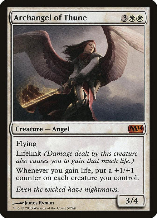 Magic: The Gathering's Mythic Rarity card, "Archangel of Thune [Magic 2014]," features a Creature Angel with wings and glowing weaponry. Costing 3 generic and 2 white mana, it has flying, lifelink, and reads "Whenever you gain life, put a +1/+1 counter on each creature you control." Designed by James Ryman.