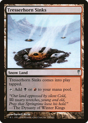 A "Magic: The Gathering" card named Tresserhorn Sinks [Coldsnap] from the Magic: The Gathering set. It has a black border and the type "Snow Land." The artwork depicts a dark, steaming crater in a snow-covered landscape. The text box includes rules for the card and flavor text about winter's oppression.