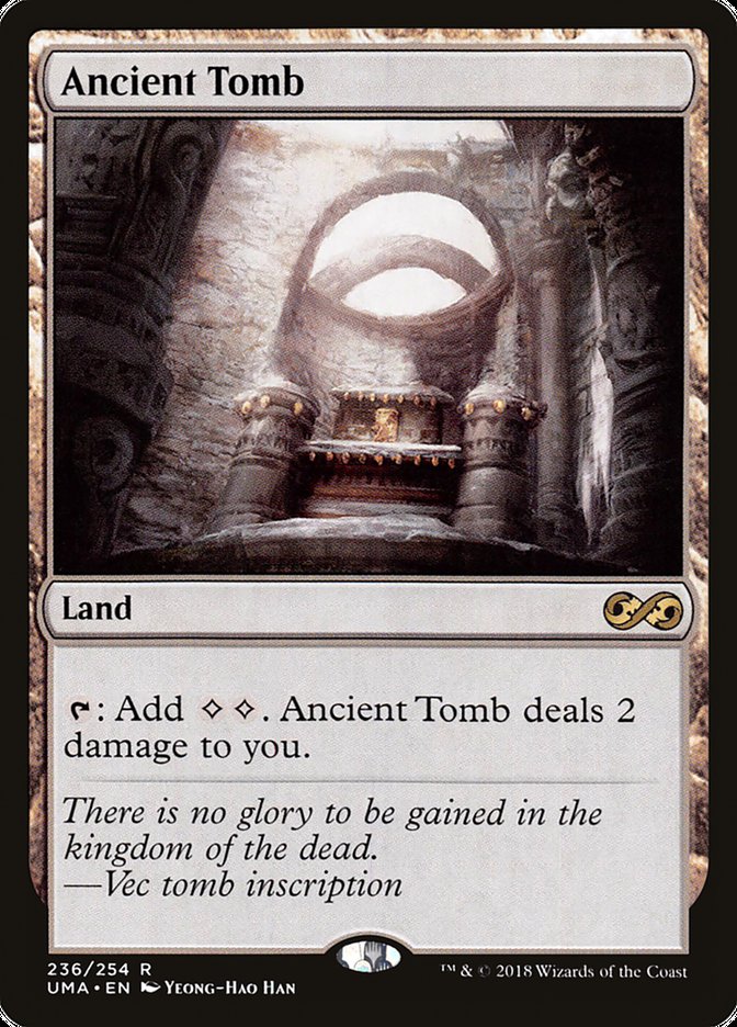 A Magic: The Gathering card titled "Ancient Tomb [Ultimate Masters]," a rare land from Magic: The Gathering. It has the ability: "{T}: Add {C}{C}. Ancient Tomb deals 2 damage to you." Its illustration shows an ancient, crumbling stone chamber with a sarcophagus, light streaming in from above. Text reads: "There is no glory to be gained in the kingdom of the