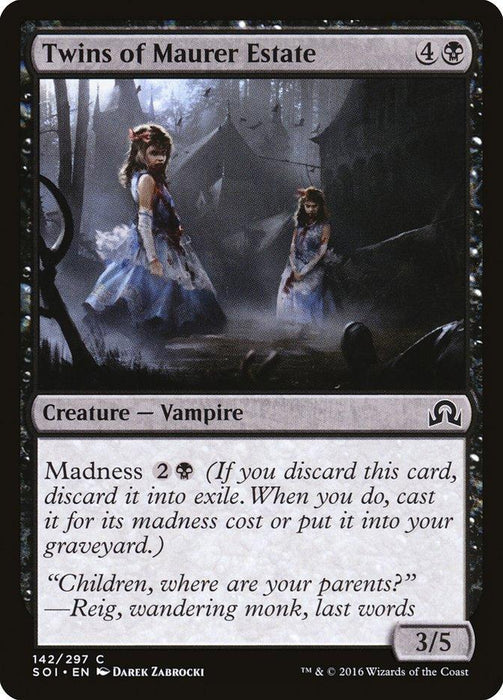 A Magic: The Gathering card titled "Twins of Maurer Estate [Shadows over Innistrad]" depicts two eerie, ghostly twin girls in tattered blue dresses, standing in a misty forest. This black, common Creature — Vampire card from Magic: The Gathering has a Madness cost and stats of 3/5. Flavor text reads: “Children, where are your parents?” - Reig, wandering monk, last