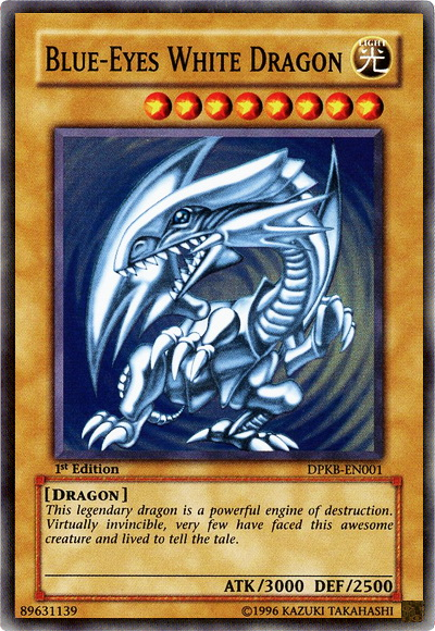 Card image of "Blue-Eyes White Dragon [DPKB-EN001]" from the Yu-Gi-Oh! brand. This Super Rare Normal Monster features an illustration of a white dragon with blue eyes and has 3000 attack and 2500 defense points. It is included in the Duelist Pack: Kaiba as a 1st Edition, with serial number 89631139.