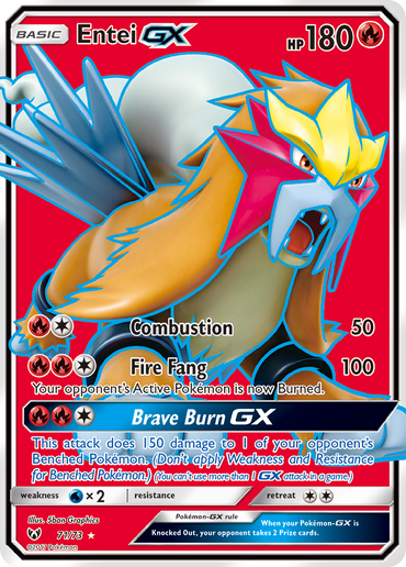 This Ultra Rare Entei GX card from the Sun & Moon: Shining Legends series showcases Entei with its distinctive brown mane and red crest against a fiery red background. The card displays 180 HP and includes formidable moves such as Combustion, Fire Fang, and Brave Burn GX. It's designed by 5ban Graphics as card number 71/73.