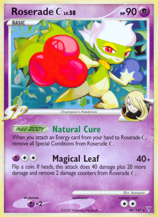 This exclusive Pokémon trading card from the Platinum: Supreme Victors series, titled "Roserade C (40/147)," highlights Roserade with a striking design featuring a red and blue flower. The card offers HP 90 and is of the Psychic type, incorporating the "Natural Cure" ability and showcasing the "Magical Leaf" move that involves a coin flip mechanism.