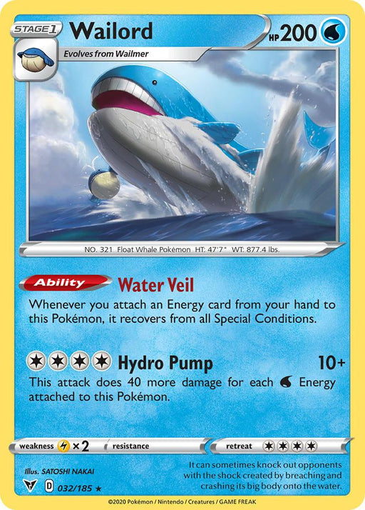 A Pokémon trading card featuring Wailord (032/185) [Sword & Shield: Vivid Voltage] from the Vivid Voltage set. It's a Stage 1, evolving from Wailmer. This Holo Rare water type Pokémon boasts 200 HP and has abilities "Water Veil" and "Hydro Pump." Card number is 032/185, illustrated with Wailord leaping out of the water beneath a sunny sky.