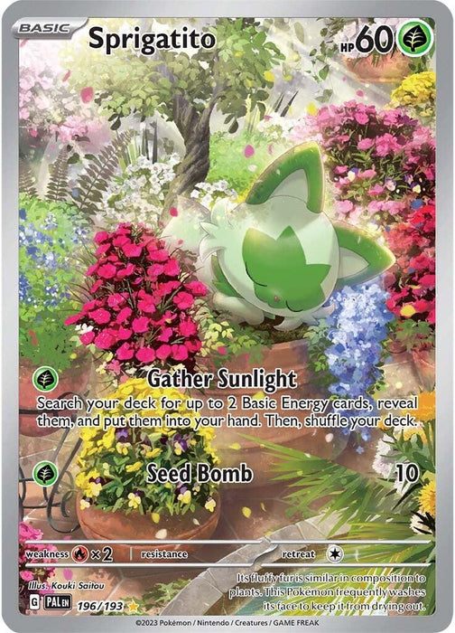 This Scarlet & Violet: Paldea Evolved Pokémon card features Sprigatito (196/193), a green, cat-like creature with leaf-like ears and a playful expression. It stands in a colorful, flower-filled garden. The Illustration Rare card lists Sprigatito's HP as 60 and includes two moves: "Gather Sunlight" and "Seed Bomb" with a power of 10.