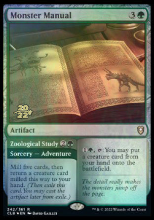 The Magic: The Gathering card "Monster Manual // Zoological Study" from the Commander Legends: Battle for Baldur's Gate Prerelease Promos set features a glowing book with a dinosaur illustration as an artifact tied to the sorcery adventure, enhancing creature card abilities.