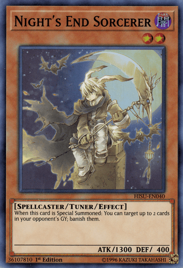 A "Night's End Sorcerer [HISU-EN040] Super Rare" Yu-Gi-Oh! card. This Super Rare Tuner/Effect Monster from the Yu-Gi-Oh! brand depicts a young sorcerer in a blue robe, wielding a large scythe and sitting on a staff, surrounded by floating spectral creatures. The card has the DARK attribute with ATK/1300 and DEF/400, enabling you to banish your enemies.