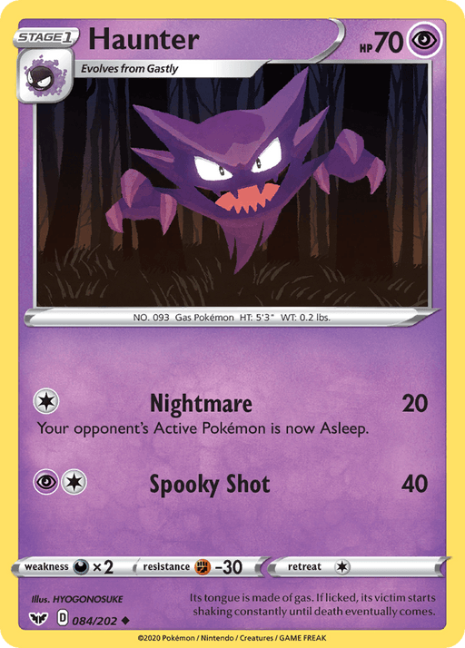 An image of an uncommon Pokémon trading card from the Sword & Shield series featuring Haunter (084/202) [Sword & Shield: Base Set]. Haunter, a purple ghost-like Pokémon with a sinister smile and large eyes, floats menacingly with clawed hands in a dark forest. The card is numbered 084/202 and details its moves, Nightmare and Spooky Shot, as well as its HP and resistances.