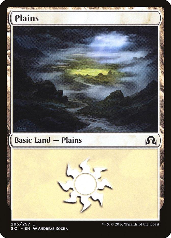 The Magic: The Gathering card "Plains (285) [Shadows over Innistrad]" showcases a vast landscape of rolling dark hills under a dramatic, cloudy sky, with a glowing light emanating from the horizon and illuminating the scene. This basic land card features a sun symbol at the bottom.