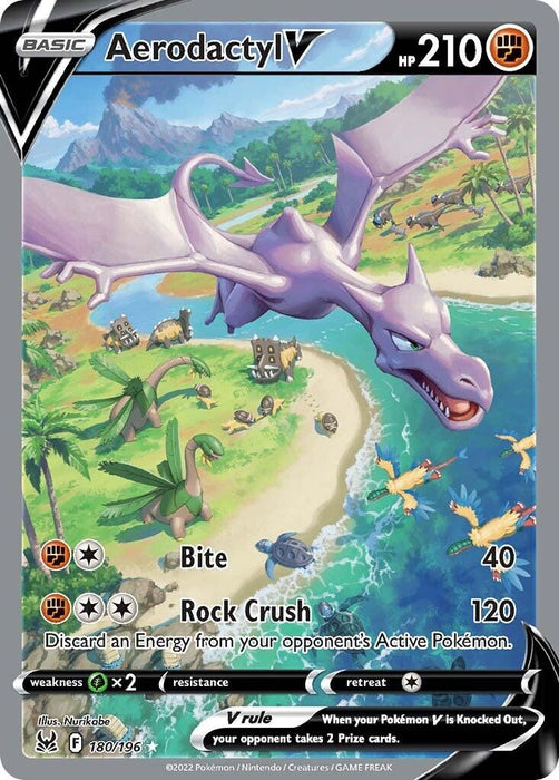 A Pokémon trading card for Aerodactyl V (180/196) [Sword & Shield: Lost Origin] from the Pokémon series. This ultra rare card showcases Aerodactyl, a purple winged dinosaur-like Pokémon, soaring over a vibrant landscape with cliffs, trees, and water. With 210 HP, it boasts moves Bite (40 damage) and Rock Crush (120 damage), has a Lightning weakness, no resistance, and