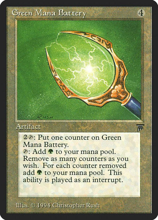 A Magic: The Gathering card titled "Green Mana Battery [Legends]." The card's border is black, and it has a green background with a glowing, energy-filled lantern. This uncommon artifact costs 4 generic mana to cast and has abilities for adding green mana. Artwork by Christopher Rush dated 1994.