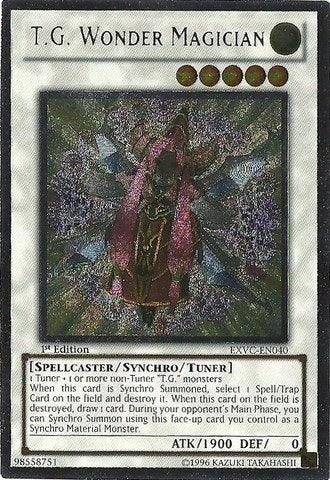 A "T.G. Wonder Magician [EXVC-EN040] Ultimate Rare" trading card from the 1st Edition, featured in the Extreme Victory set by Yu-Gi-Oh! It depicts a character in elaborate attire with a dark centerpiece. This Ultimate Rare Synchro/Tuner Monster has 1900 ATK and 0 DEF, with text detailing its type, summoning requirements, and abilities. The ID is EXVC-EN040.