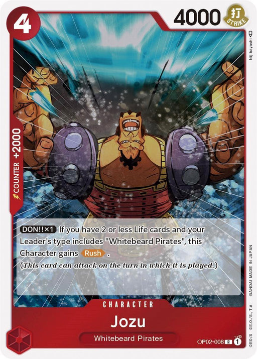 A card from the One Piece Card Game depicts Jozu, a muscular character with red skin and large purple forearms. As a Rare Character in the Whitebeard Pirates, the card has a red border, with the number 4000 at the top right. Text on it includes character abilities and game rules. The card's ID is OP02-008.

The **Jozu [Paramount War]** card from **Bandai** features all these details prominently.
