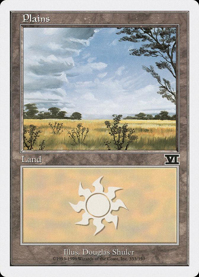 A Magic: The Gathering product, Plains (333) [Classic Sixth Edition], depicted as an open, grassy field with scattered trees under a cloudy blue sky. The card’s border is beige, featuring the Basic Land type and white mana symbol, illustrated by Douglas Shuler. It’s numbered 333/350, copyright Wizards of the Coast.