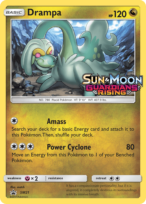 A Pokémon Drampa (SM21) [Sun & Moon: Black Star Promos] trading card featuring Drampa with 120 HP. Drampa, a green dragon-like creature, is illustrated swirling in the air with a gentle smile. The card includes the Sun & Moon Guardians Rising logo and Drampa's moves: Amass and Power Cyclone. This Black Star Promos card is numbered SM21 by Pokémon.