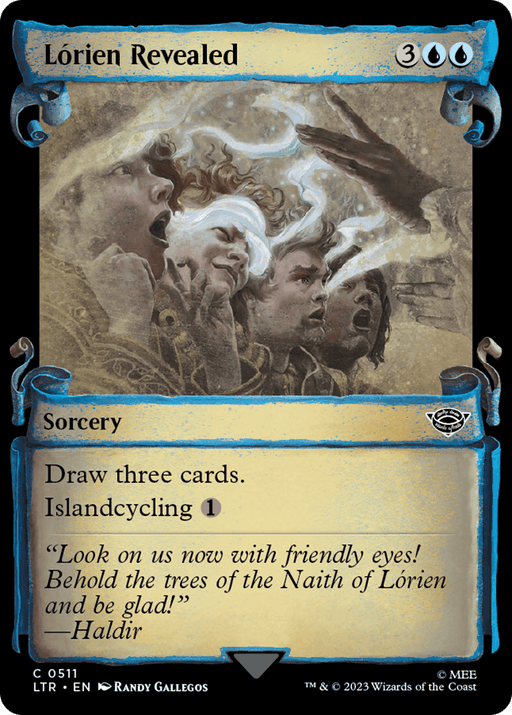 A Magic: The Gathering card named "Lorien Revealed [The Lord of the Rings: Tales of Middle-Earth Showcase Scrolls]" from the "Tales of Middle-Earth" series, featuring three ghostly, pale-faced figures in awe of a luminous landscape. This Sorcery card reads, "Draw three cards. Islandcycling 1." Flavor text: "Look on us now with friendly eyes! Behold the trees of the Naith of Lór.